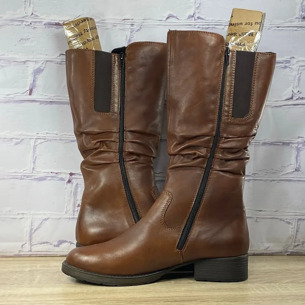 Rieker Brown Leather Knee High Faith Boots Women's 42 US 10 Tall Lined Zip